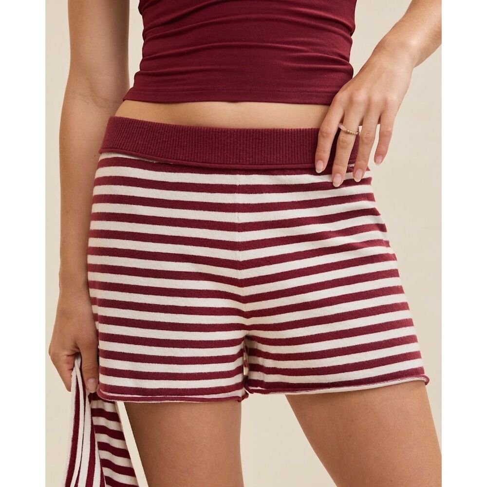 NEW Aerie womens M L Sunday Soft shorts sweater knit Ruby burgundy cream stripe